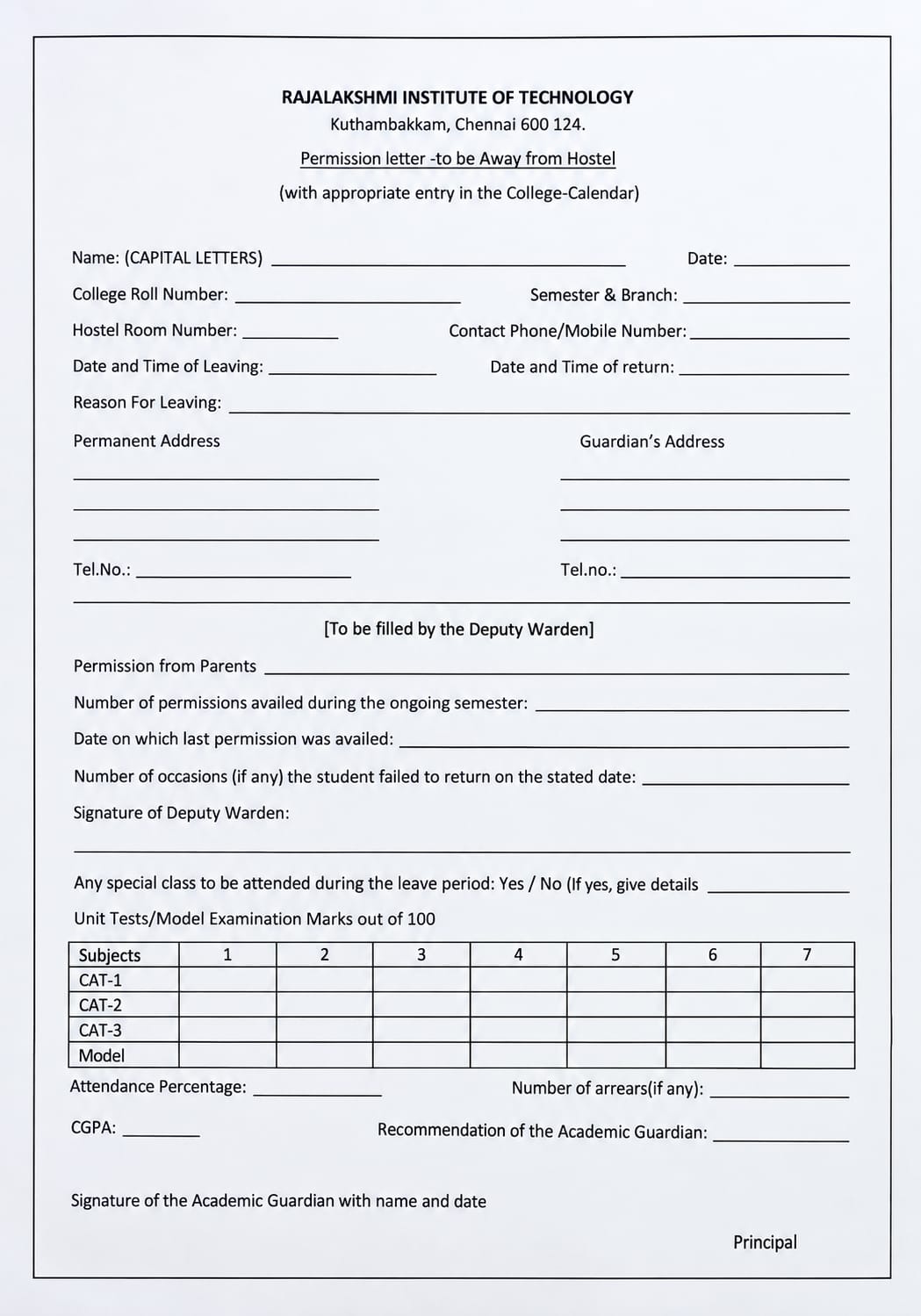 Hostel Permission Letter